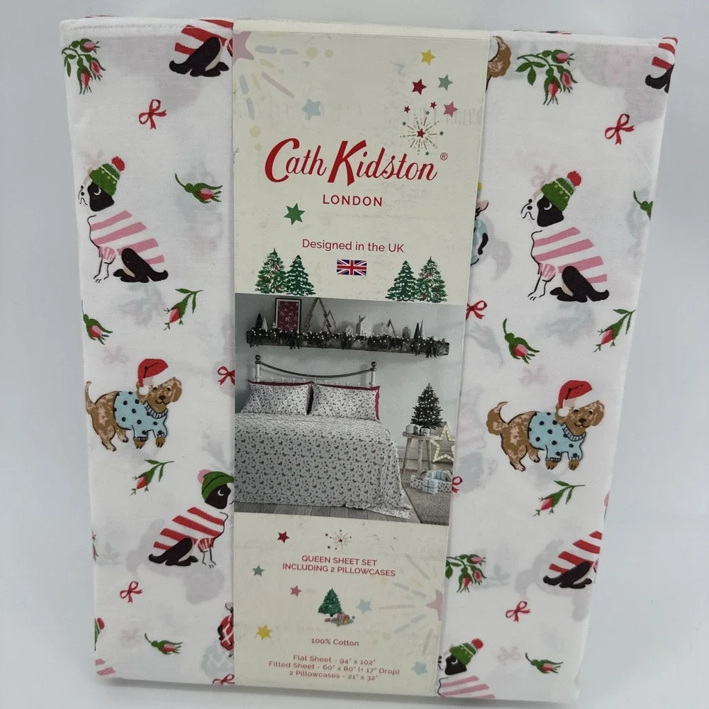 Cath Kidston London 4pc QUEEN Cotton Christmas ~ PUPPY LOVE PINK ~ Sheet Set NIP